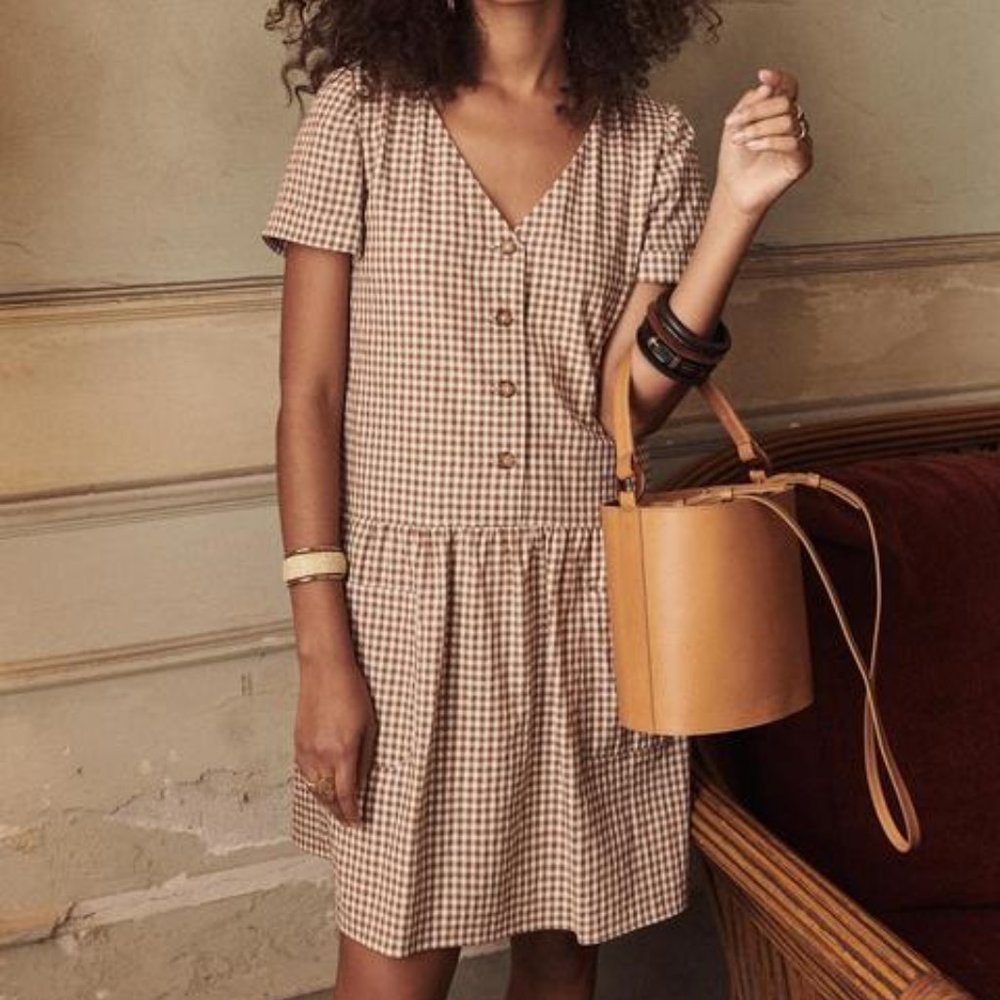 Sezane Robe Lena Dress in Vichy Mocha Ecru - Sz 34/4